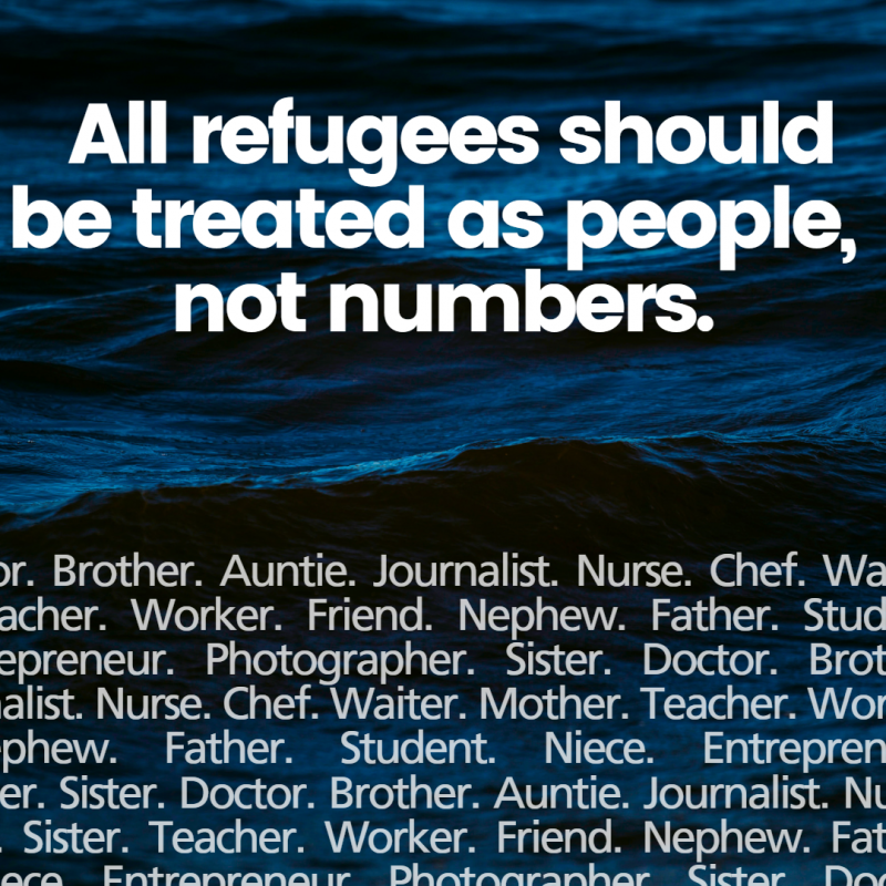 Image of blue ocean waves with overlayed texted reading All refugees should be treated as people, not numbers. The image also features a list of different roles and relationships such as brother, student, waiter, nurse and others.