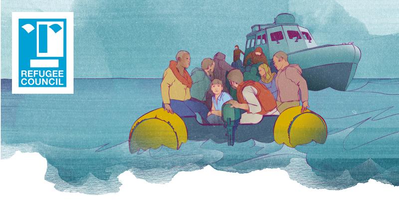 illustration featuring several people and a child in a small boat at sea